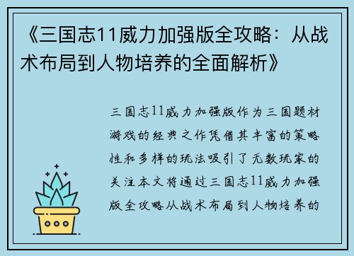 《三国志11威力加强版全攻略：从战术布局到人物培养的全面解析》